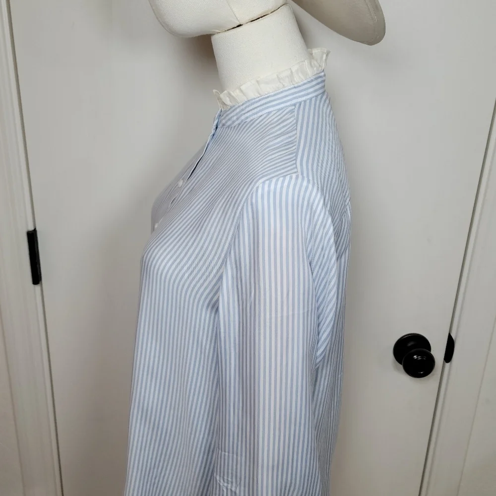 J. Crew Blue & White Striped Cupro Blend Button-Up Shirt Ruffle Trim Size Small